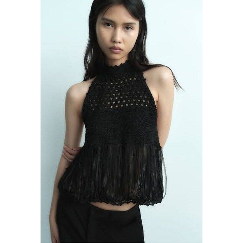 Zara Crochet Halter Top With Fringe